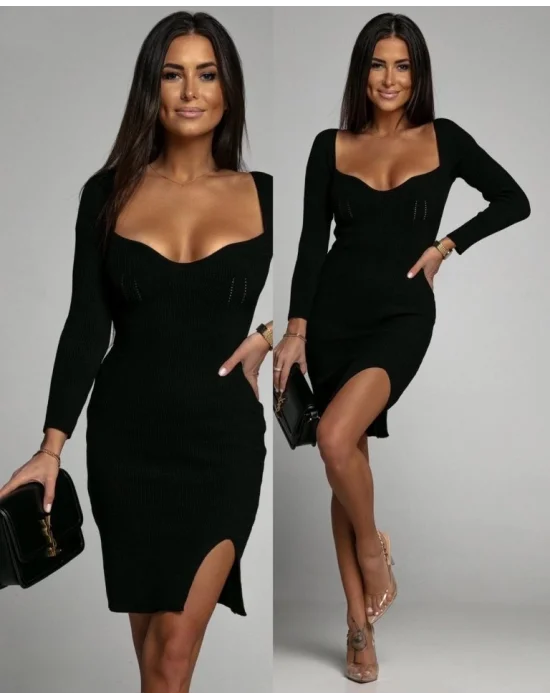 Kadın Uzun Kollu Geniş Yaka Yırtmaç Detay Mini Boy Triko Elbise