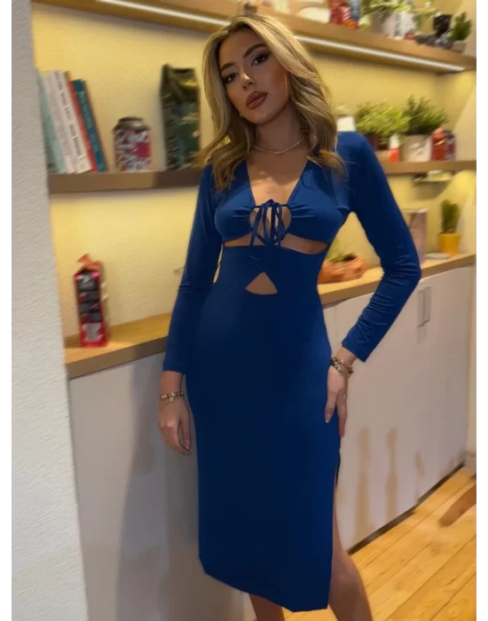 Kadın Uzun Kollu Göğüs Ve Göbek Dekolte Detay Sandy Midi Boy Elbise