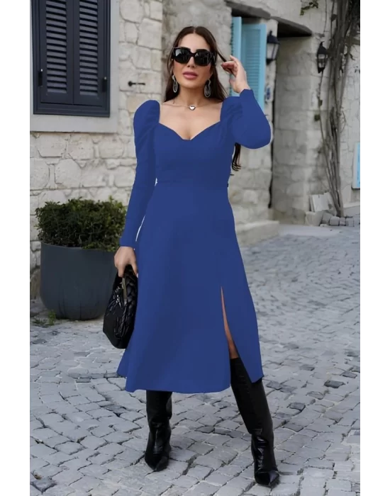 Kadın Uzun Kollu Göğüs Ve Sırt Dekolteli Krep Midi Boy Elbise