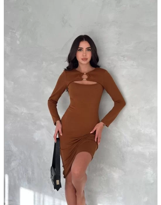 Kadın Uzun Kollu Halka Ve Pencere Dekolte Detay Fırsat ürün Midi Boy Elbise