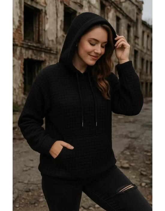 Kadın Uzun Kollu Kapşonlu Bağcıklı Cepli Capitone Sweatshirt