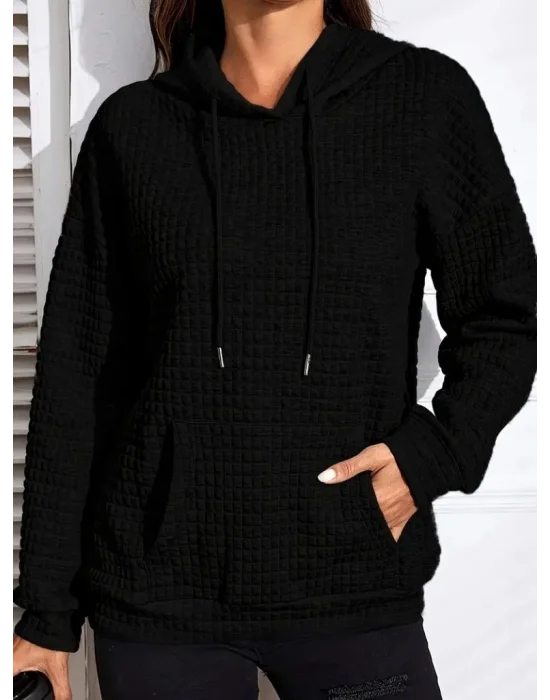 Kadın Uzun Kollu Kapşonlu Bağcıklı Cepli Capitone Sweatshirt
