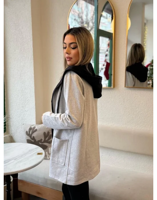 Kadın Uzun Kollu Kapşonlu Bağcıklı Cepli Iki Iplik Ceket