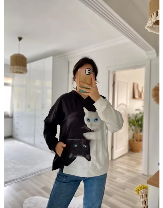 Kadın Uzun Kollu Kapşonlu Bağcıklı Kedi Desenli şardonlu Dalgıç Bluz