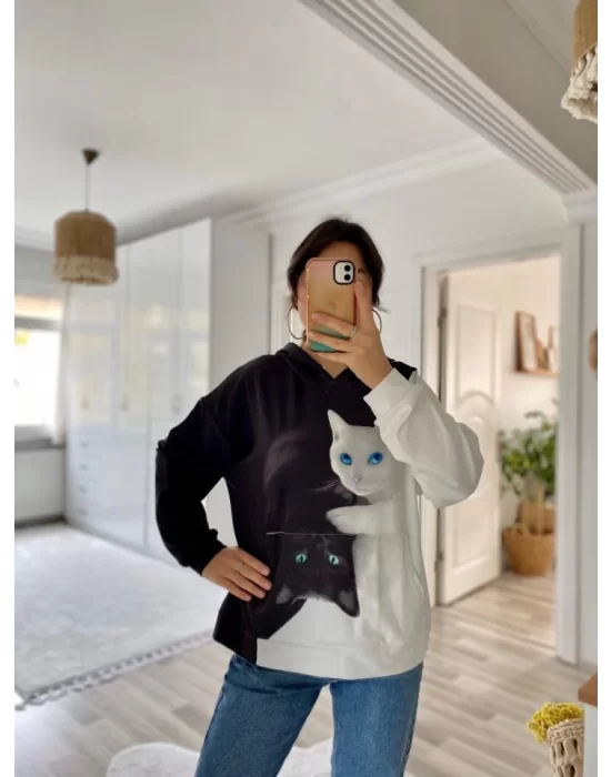 Kadın Uzun Kollu Kapşonlu Bağcıklı Kedi Desenli şardonlu Dalgıç Bluz