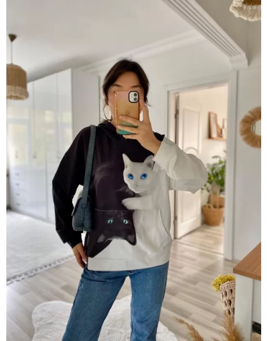 Kadın Uzun Kollu Kapşonlu Bağcıklı Kedi Desenli şardonlu Dalgıç Bluz