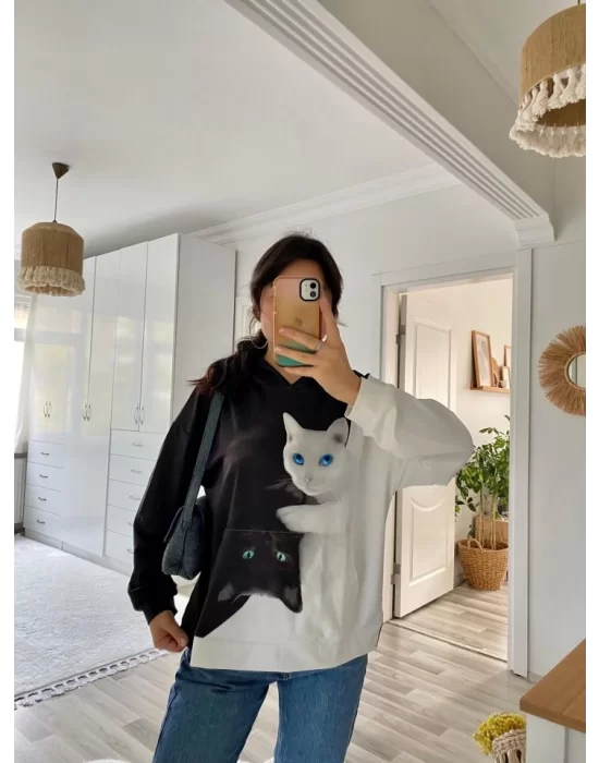 Kadın Uzun Kollu Kapşonlu Bağcıklı Kedi Desenli şardonlu Dalgıç Bluz