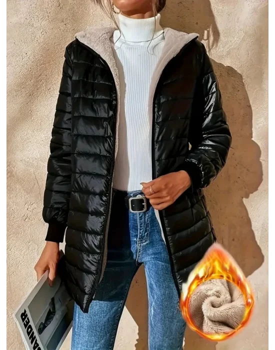 Kadın Uzun Kollu Kapşonlu Cep Detaylı Fermuarlı Orta Boy Mont