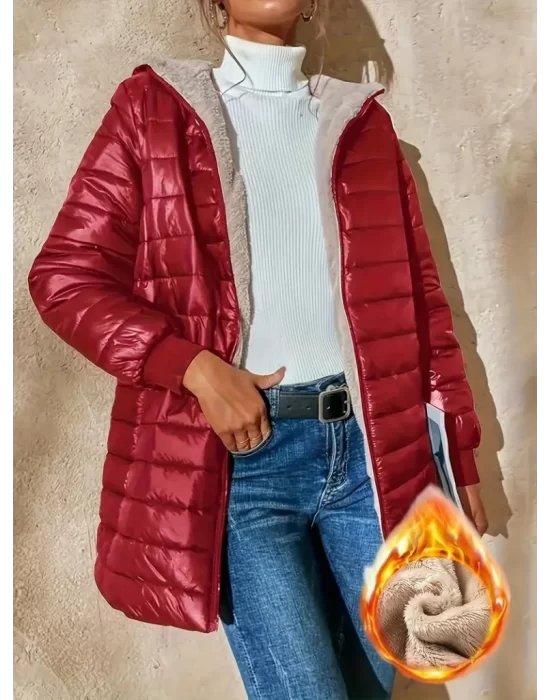 Kadın Uzun Kollu Kapşonlu Cep Detaylı Fermuarlı Orta Boy Mont