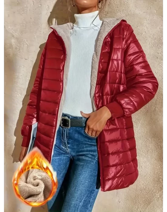 Kadın Uzun Kollu Kapşonlu Cep Detaylı Fermuarlı Orta Boy Mont