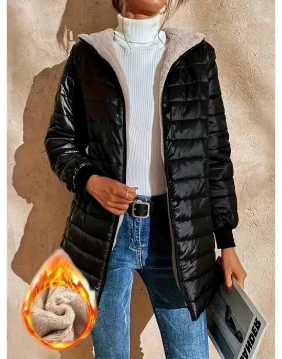 Kadın Uzun Kollu Kapşonlu Cep Detaylı Fermuarlı Orta Boy Mont