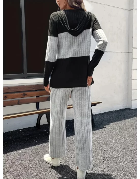 Kadın Uzun Kollu Kapşonlu önden Fermuarlı şardonlu Kaşkorse Bluz Ve Pantolon