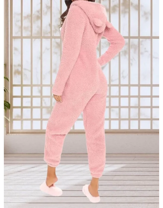 Kadın Uzun Kollu Kapüşonlu Tavşan Kulak Detaylı Peluş Tulum
