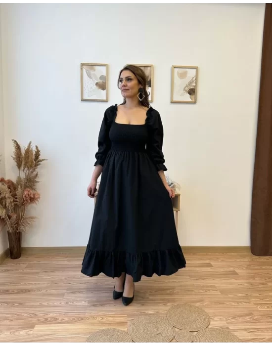 Kadın Uzun Kollu Kare Yakalı Gipeli Uzun Trikoton Elbise
