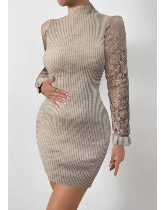 Kadın Uzun Kollu Kollar Tül Detay Triko Mini Boy Elbise