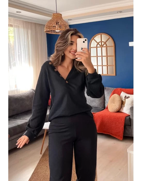 Kadın Uzun Kollu Kolları Fitilli Yakası Düğme Detay şardonlu Bluz