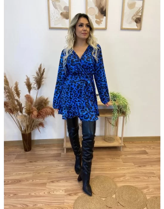 Kadın Uzun Kollu Kruvaze Yaka Belden Kuşaklı Leopar Desenli Dalgıç Elbise