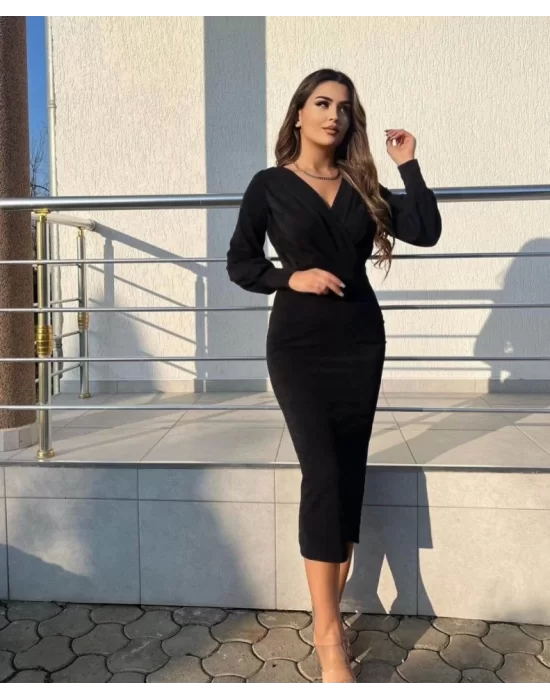 Kadın Uzun Kollu Kruvaze Yaka Büzgü Ve Balon Kol Detay Krep Kumaş Maxi Boy Elbise