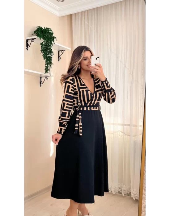 Kadın Uzun Kollu Kruvaze Yaka Dalgıç Krep Midi Boy Elbise