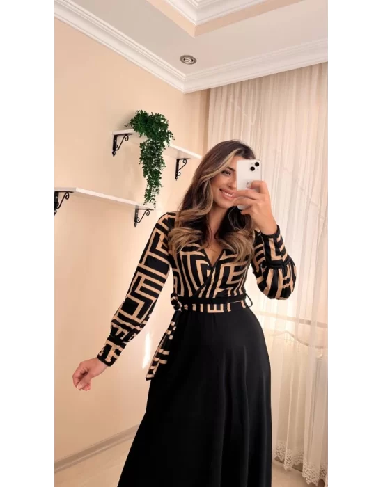 Kadın Uzun Kollu Kruvaze Yaka Dalgıç Krep Midi Boy Elbise