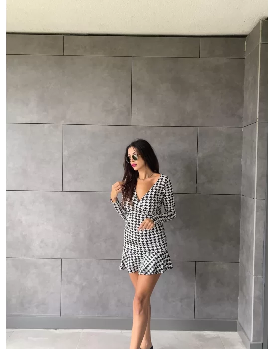 Kadın Uzun Kollu Kruvaze Yaka Kazayağı Mikro Mini Boy Elbise