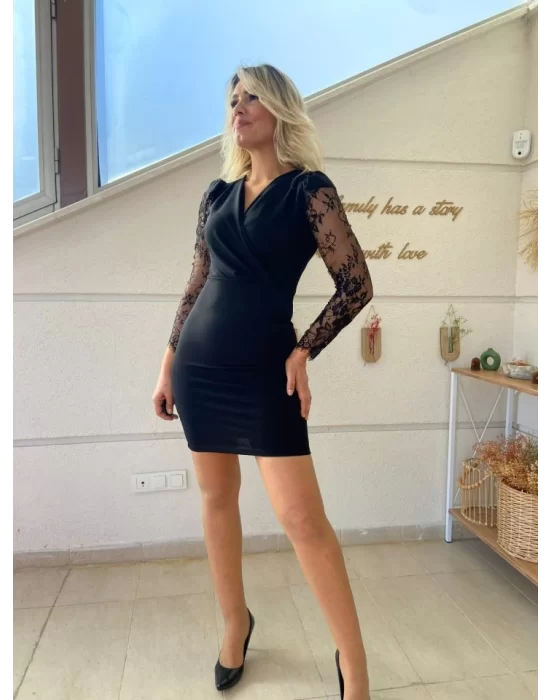 Kadın Uzun Kollu Kruvaze Yaka Kollar Tül Detay Krep Mini Boy Elbise