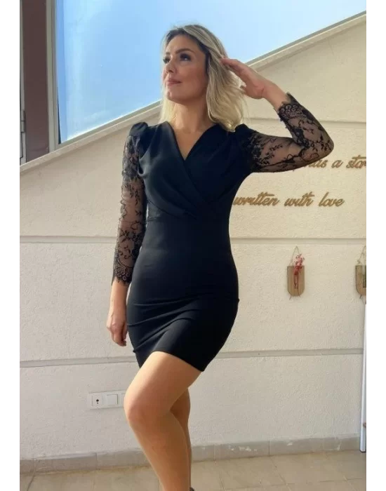 Kadın Uzun Kollu Kruvaze Yaka Kollar Tül Detay Krep Mini Boy Elbise