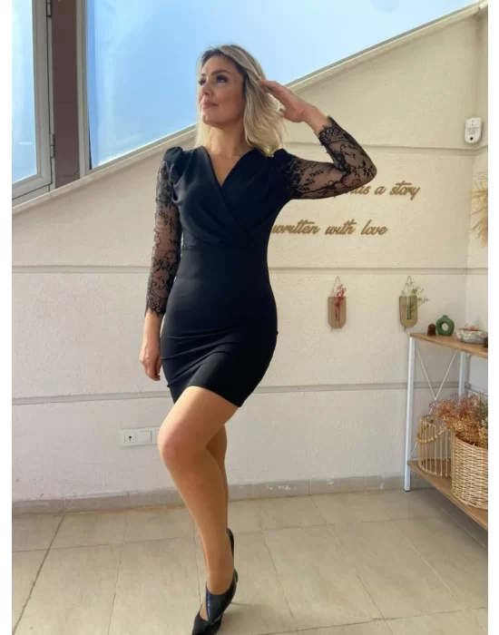 Kadın Uzun Kollu Kruvaze Yaka Kollar Tül Detay Krep Mini Boy Elbise