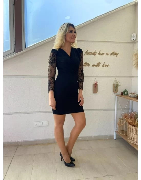 Kadın Uzun Kollu Kruvaze Yaka Kollar Tül Detay Krep Mini Boy Elbise