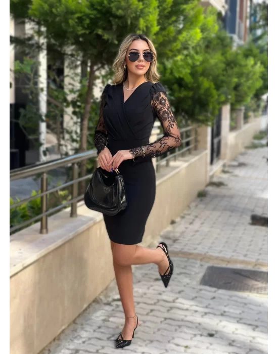Kadın Uzun Kollu Kruvaze Yaka Kollar Tül Detay Krep Mini Boy Elbise
