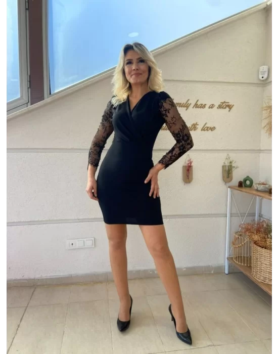 Kadın Uzun Kollu Kruvaze Yaka Kollar Tül Detay Krep Mini Boy Elbise