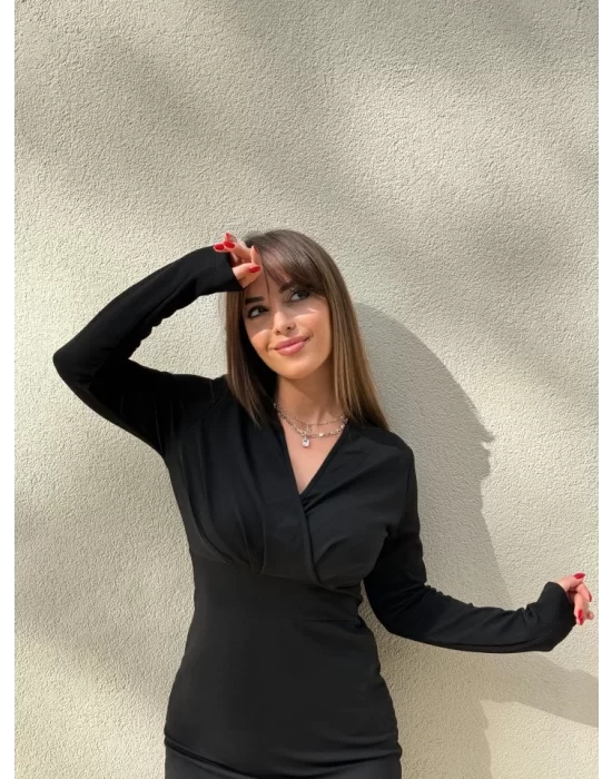 Kadın Uzun Kollu Kruvaze Yaka Krep Mini Boy Elbise