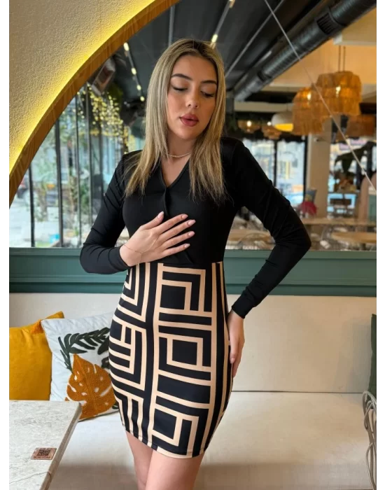 Kadın Uzun Kollu Kruvaze Yaka Labirent Desen Dalgıç Elbise
