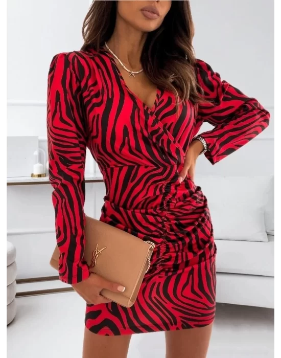 Kadın Uzun Kollu Kruvaze Yaka ön Kısım Büzgülü Zebra Desen Dalgıç Elbise