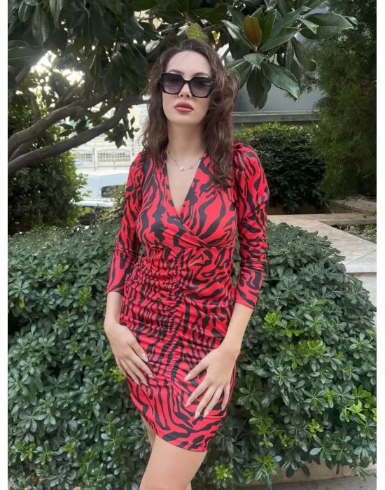 Kadın Uzun Kollu Kruvaze Yaka ön Kısım Büzgülü Zebra Desen Dalgıç Elbise