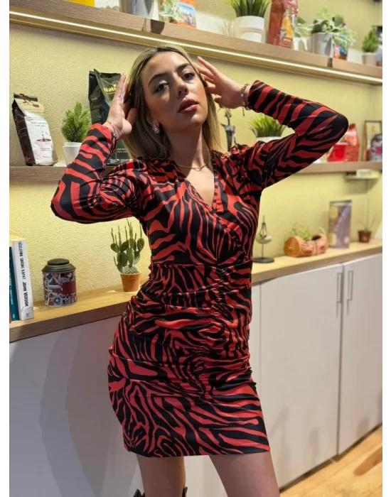 Kadın Uzun Kollu Kruvaze Yaka ön Kısım Büzgülü Zebra Desen Dalgıç Elbise