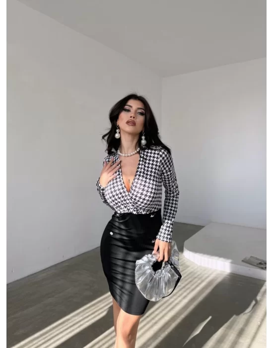 Kadın Uzun Kollu Kruvaze Yaka üst Kazayağı Desen Düğme Detaylı Dalgıç Elbise
