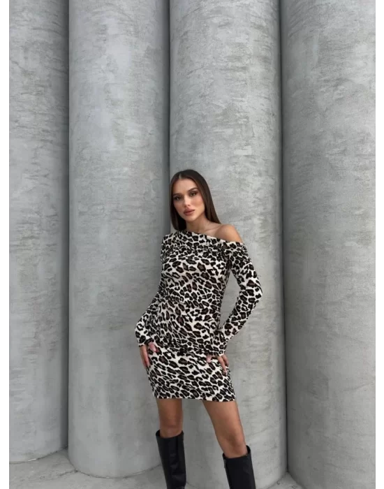 Kadın Uzun Kollu Leopar Desen Omuz Dekolteli Mini Elbise
