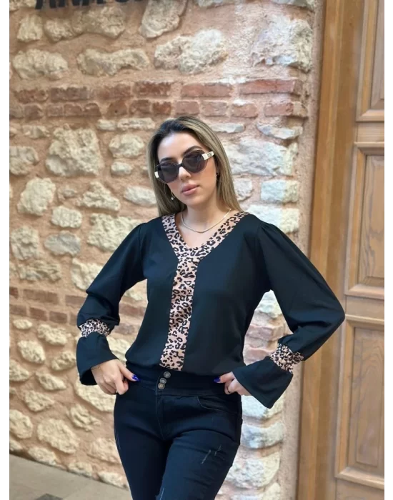 Kadın Uzun Kollu Leopar V Yakalı Krep Bluz