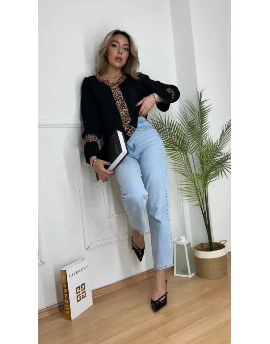 Kadın Uzun Kollu Leopar V Yakalı Krep Bluz