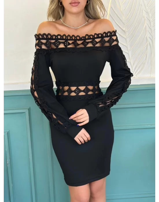 Kadın Uzun Kollu Madonna Yaka Kol Yaka Bel Dantel Detay şardonlu Dalgıç Elbise