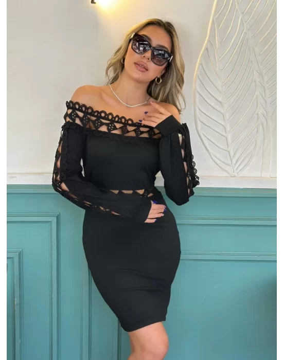 Kadın Uzun Kollu Madonna Yaka Kol Yaka Bel Dantel Detay şardonlu Dalgıç Elbise