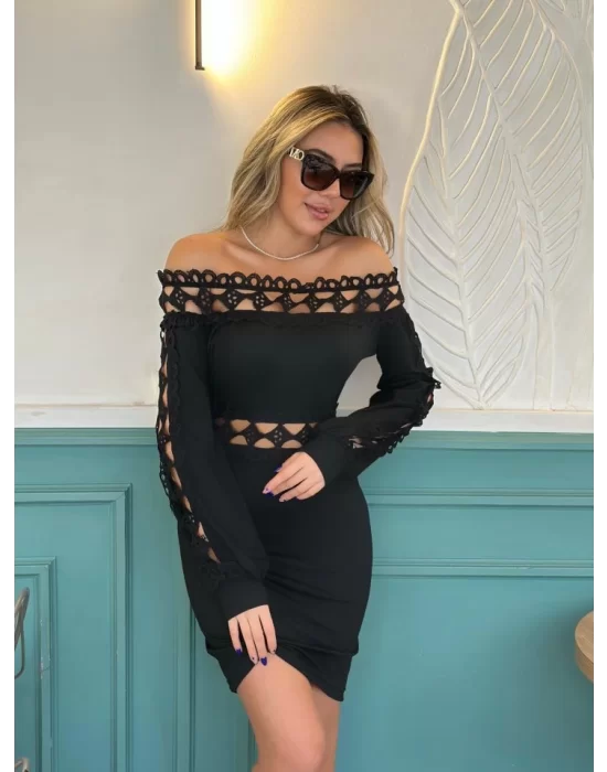Kadın Uzun Kollu Madonna Yaka Kol Yaka Bel Dantel Detay şardonlu Dalgıç Elbise