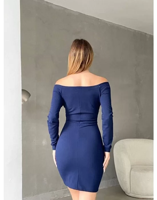 Kadın Uzun Kollu Madonna Yaka Kruvaze Detay Mini Büzgülü Elbise
