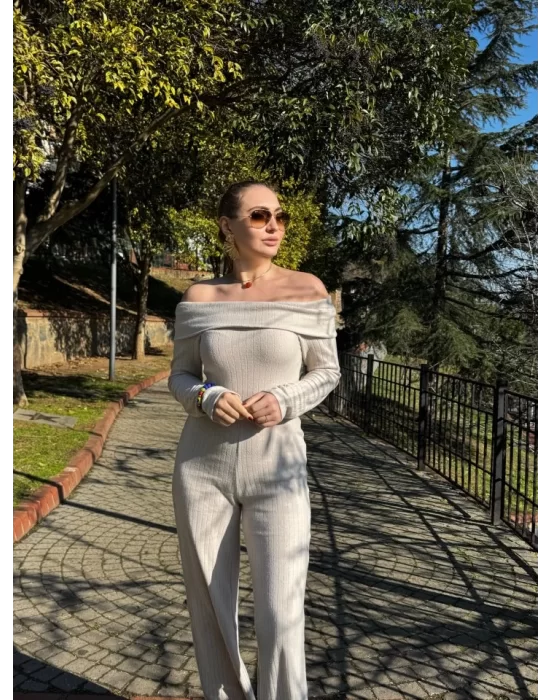 Kadın Uzun Kollu Madonna Yaka şardonlu Kaşkorse Tulum