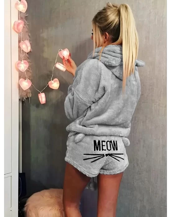 Kadın Uzun Kollu Meow Kedi Nakışlı Kapşonlu Peluş Sweat Ve Short Ikili Takım