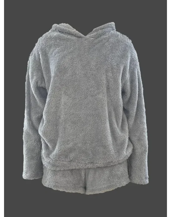 Kadın Uzun Kollu Meow Kedi Nakışlı Kapşonlu Peluş Sweat Ve Short Ikili Takım