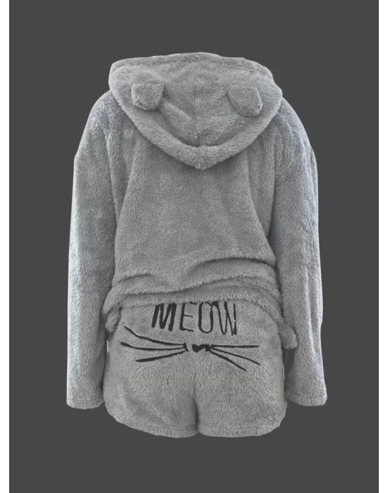 Kadın Uzun Kollu Meow Kedi Nakışlı Kapşonlu Peluş Sweat Ve Short Ikili Takım