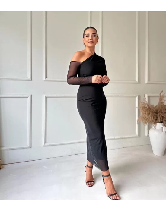 Kadın Uzun Kollu Omuz Dekolteli Içi Astarli Midi Boy Tül Elbise