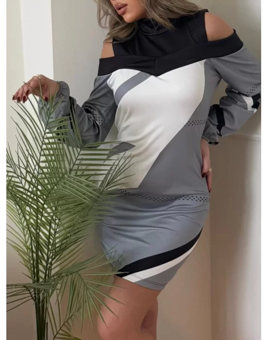 Kadın Uzun Kollu Omuzları Açık Uzun Kollu Balıkçı Yaka Desenli şardonlu Dalgıç Kısa Elbise